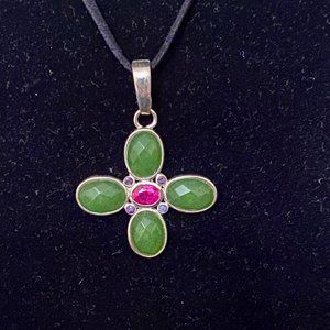 Vintage Barse Jade and Ruby Sterling Cross Pendant, 2.25"